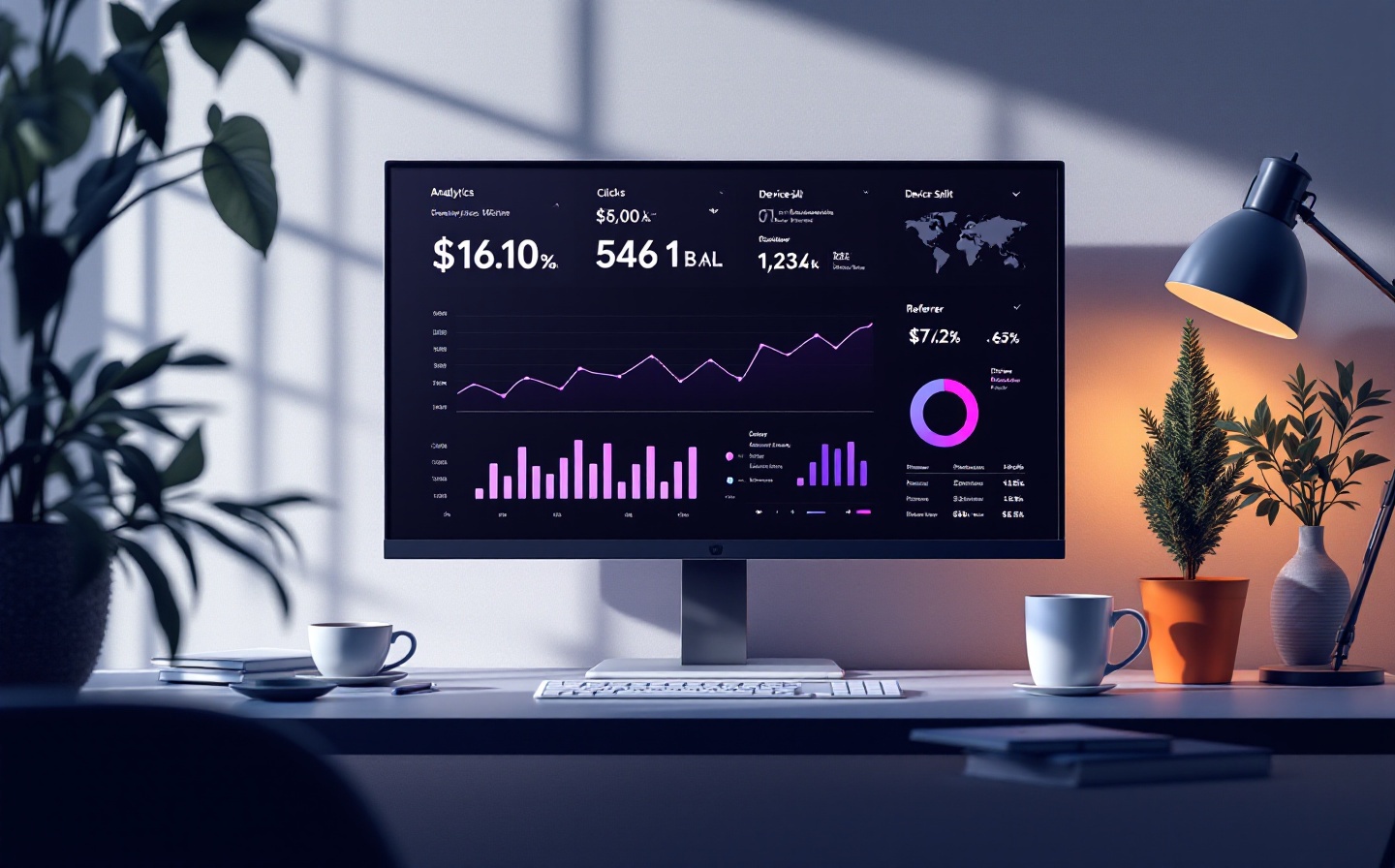 Analytics dashboard with click charts and geographic distribution