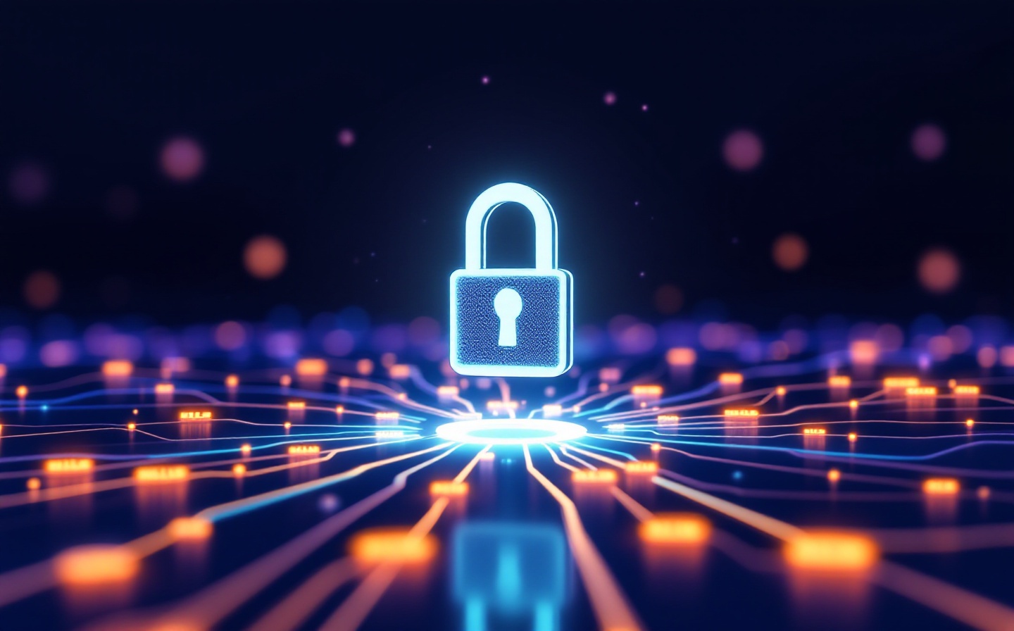 Padlock icon on a network of glowing connections representing link security