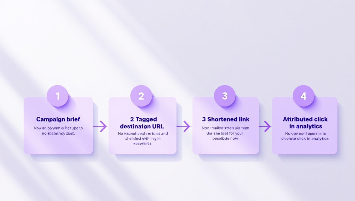 Workflow diagram from campaign brief through tagged short link to analytics report